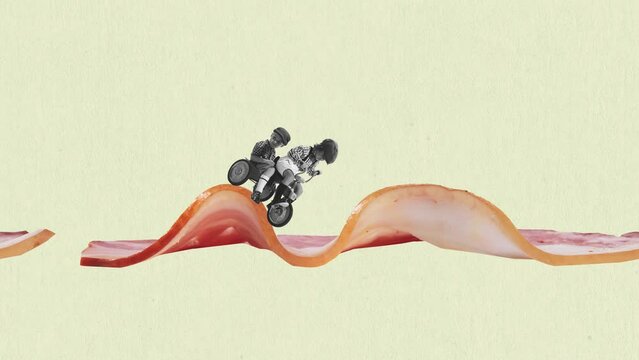 Contemporary art. Stop motion, animation. Little boy, child riding bike on bacon. Delicious morning breakfast. Concept of retro style, creativity, surrealism, imagination. Copy space or ad, poster