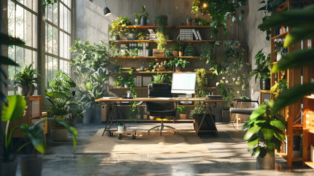A sustainable and creatively designed workspace that promotes productivity and well-being through the use of recycled materials and natural light.