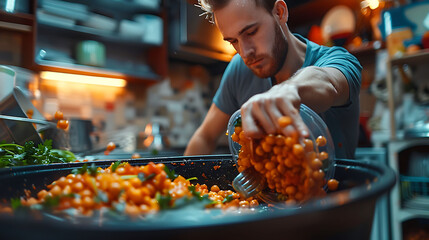 closeup of a young caucasian man throwing the leftover of a plate of chickpea stew to the trash bin - Powered by Adobe
