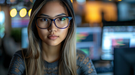 A female programmer with long hair and glasses coding at her work station.