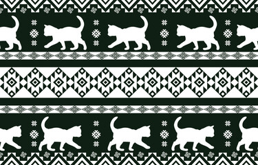 Cat pattern. Seamless. White stripes, dark color background. Ethnicity. Floral patterns, printed fabrics, pants, Lanna.	