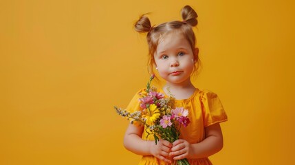 Portrait of a little girl with a bouquet of spring flowers on a colored background. a place for the text. spring concept