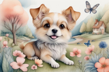 Cute adorable dog character stands in nature in the style of children-friendly.
