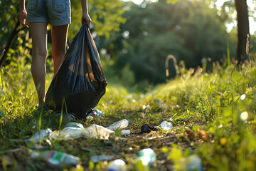 Committed to cleanliness, person with trash bag on littered park trail. Concept of community involvement and nature care