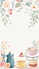 A Vertical Of A Pastel Invitation Card With Teapots, Cups, Pastries, And Flowers Are Set On A Table. 
