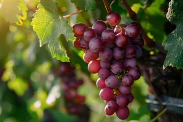Fototapeta premium Beautiful clusters of ripe red grapes hanging from lush vines in a picturesque vineyard setting