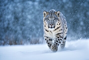snow leopard running on snowfield