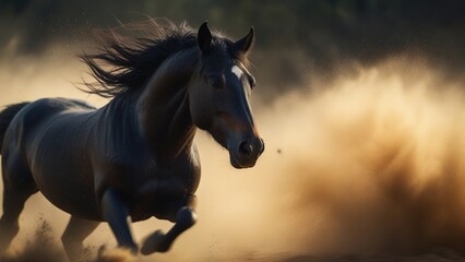 Wild black horse running in the wilderness