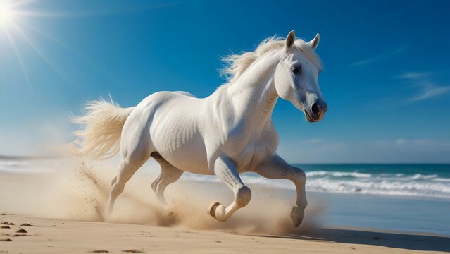 White horse running on the beach