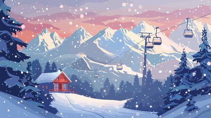 Fototapeta na wymiar Winter mountain landscape with ski lift country house