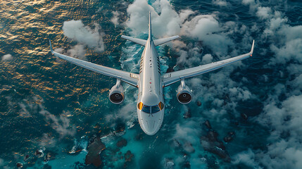 Naklejka premium image of private jet flying above the sea