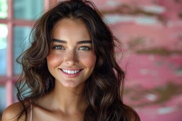 Obraz premium A gorgeous youthful woman showcases her beautiful eyes and smile in a spontaneous and captivating portrait