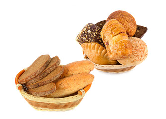 Pastries, buns and bread in a wicker basket isolated on white. Collage. Free space for text.
