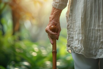 An intimate depiction of an elderly person's hand gripping a walking cane, symbolizing support, independence, and the journey of aging - obrazy, fototapety, plakaty