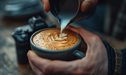 Art of Coffee Making Captured in Close-Up, Pouring Milk into a Speckled Cup of Coffee Held in Hands with Black Apron Background