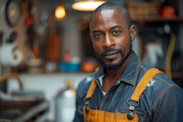 An experienced worker with a keen sense of dedication poses in his workshop, depicting craftsmanship and skill