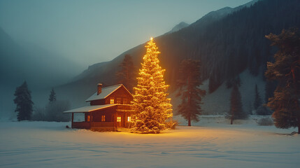 Illuminated Christmas tree in natural environment. - 796520167