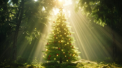 Illuminated Christmas tree in natural environment. - 796520180