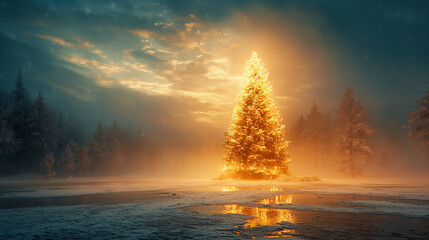 Illuminated Christmas tree in natural environment. - 796520191