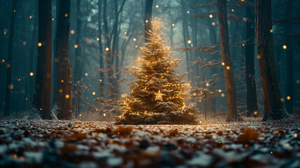 Illuminated Christmas tree in natural environment. - 796520193