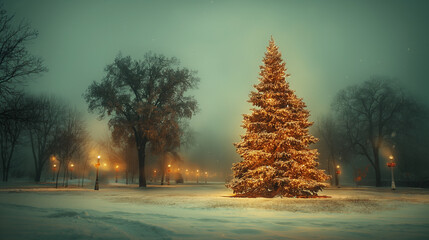 Illuminated Christmas tree in natural environment. - 796520197