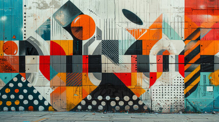 Urban street art showcasing modern geometric patterns and digital motifs in a metropolitan setting, reflecting the intersection of art and technology in contemporary society.