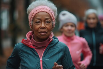 Senior mature elderly people make sport activity outside, AI generated
