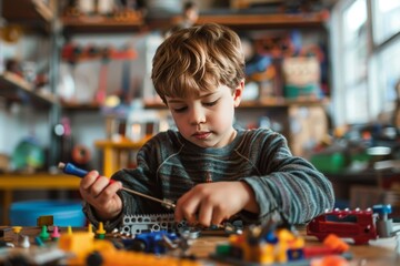 Young boy assembling creative and educational toys with the help of a screwdriver
