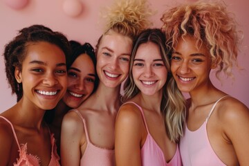 Obraz premium A group of five multiracial female friends smiling and posing closely together against a pink background