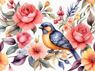 Watercolor hand drawn seamless pattern with beautiful flowers and colorful birds on white background