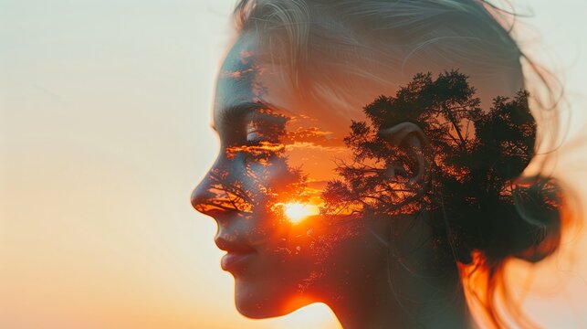 A double exposure image of a young woman looking forward during sunrise overlaps the landscape image. Showing freedom.