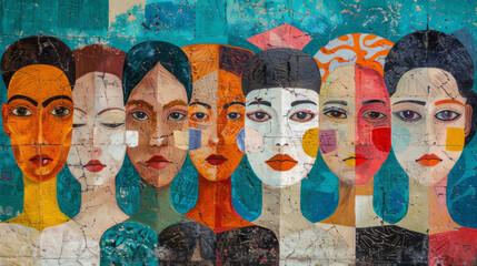 Painting showcasing diversity through representation of various ethnicities and cultures.