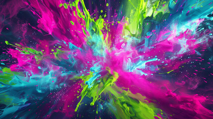 Explosions of neon lime, fuchsia, and electric blue creating a vibrant abstract paint scene.