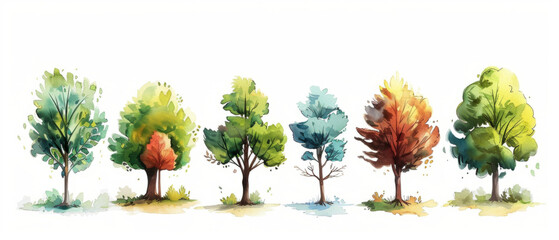 A collection of hand-drawn watercolor trees, depicting various types of trees found in a forest setting.