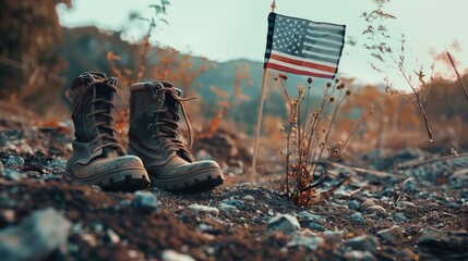 A pair of combat boots with an American flag in the background. - obrazy, fototapety, plakaty