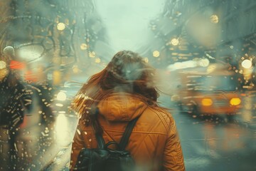 A contemplative woman gazes out onto a blurred, rain-splattered cityscape full of lights