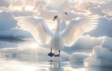 Ethereal Elegance: Swans Gliding on Arctic Glaciers in Soft Light - obrazy, fototapety, plakaty