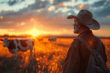 The back view of a cowboy looking out over a field with cows during a beautiful golden hour sunset