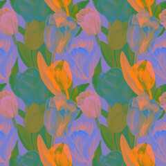 Watercolor hand drawn blue and orange flowers in seamless pattern. Neon tulips background. Design for fabric, surfaces, covers, packaging, bed sheets. Pattern in modern neon colors, floral theme.
