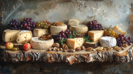 Obraz na płótnie Canvas rustic cheese and fruit platter on wooden shelf still life