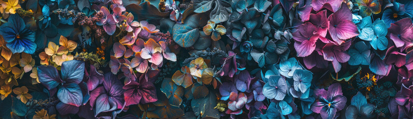 A brick wall completely covered in a variety of brightly colored leaves, creating a vibrant and eye-catching display