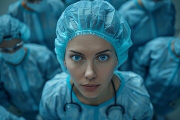 A portrait of a female surgeon with intense centered gaze wearing blue scrubs and surgical cap, ready for operating room duties