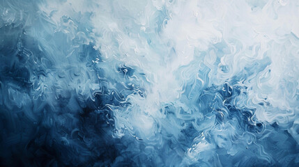 Fresh approach to seascape art in oil, where blues and whites merge to resemble sea foam. - obrazy, fototapety, plakaty