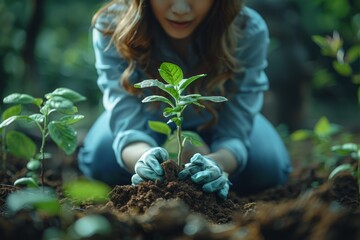 A focused image showing a woman in a blue shirt planting a young plant in the fertile soil, tending to it carefully with gloved hands