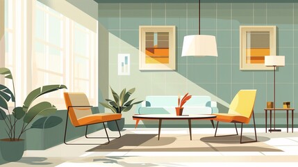 The Illustration Depicts A Modern Minimalist Living Room With Aesthetically Pleasing Furnishings.
