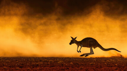 Fototapeta premium A kangaroo bounds through a field under the moonlit sky in the darkness of night