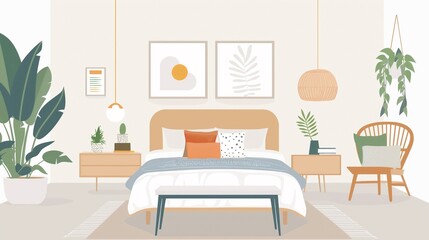 The Illustration Depicts A Modern Cozy Bedroom With Aesthetic Furnishings.