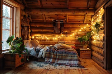 Cozy rustic wooden log cabin house interior, warm lights, indoor plants, double bed
