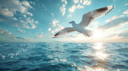 Obraz premium Graceful Seagull Soaring Over Tranquil Waters. Generative AI