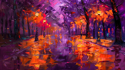 Dramatic oil painting of a night park bathed in orange street lamps and violet shadows.